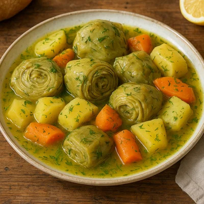 Anginares a la Polita – Artischocken mit Karotten und Kartoffeln in Dill-Zitronen-Soße