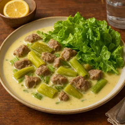 Arni Frikase – Lammfrikassée in Avgolemono mit Salat und Lauch
