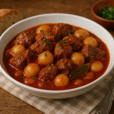 Griechisches Stifado mit Rindfleisch und kleinen Zwiebeln