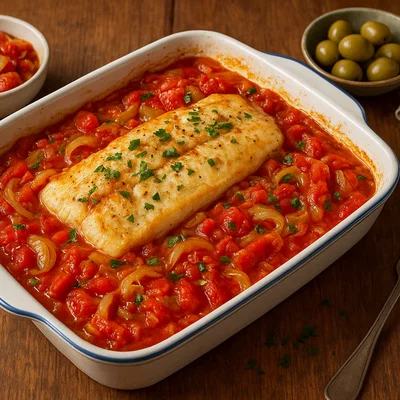 Psari Plaki – Griechischer Ofenfisch mit Tomaten, Zwiebeln und Olivenöl