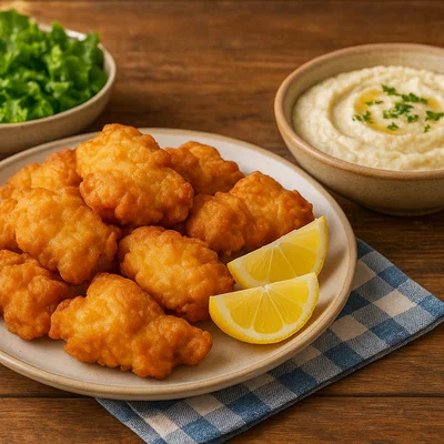 Bakaliaros mit Skordalia (Frittierter Stockfisch mit Knoblauchpaste)