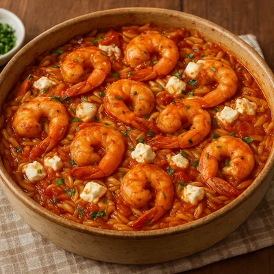 Garides Giouvetsi – Garnelen mit Kritharaki und Feta aus dem Ofen