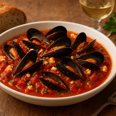 Mydia Saganaki – Miesmuscheln in Tomaten-Feta-Sauce