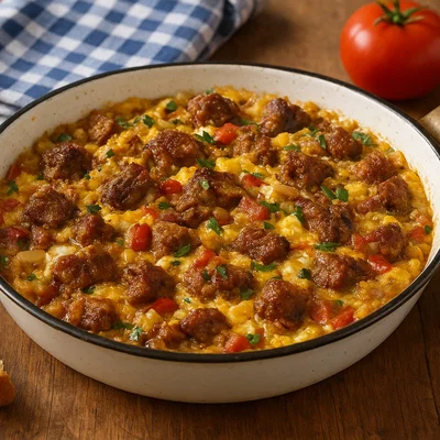 Kavourmas me Avga – Griechische Eierpfanne mit konserviertem Fleisch