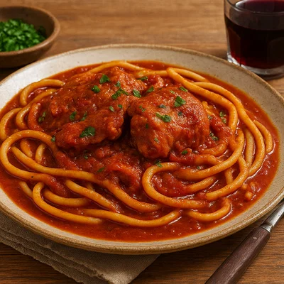Pastitsada – Korfiotischer Schmorhahn in würziger Tomatensoße mit dicker Pasta