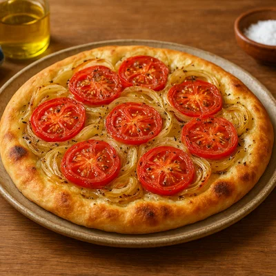 Ladenia – Flaches Brot mit Tomaten und Zwiebeln