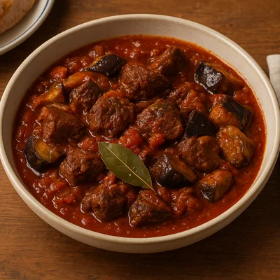 Moschari me Melitzanes – Griechisches Rind mit Auberginen in Tomatensoße