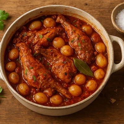 Kouneli Stifado – Griechischer Kaninchenschmortopf mit kleinen Zwiebeln
