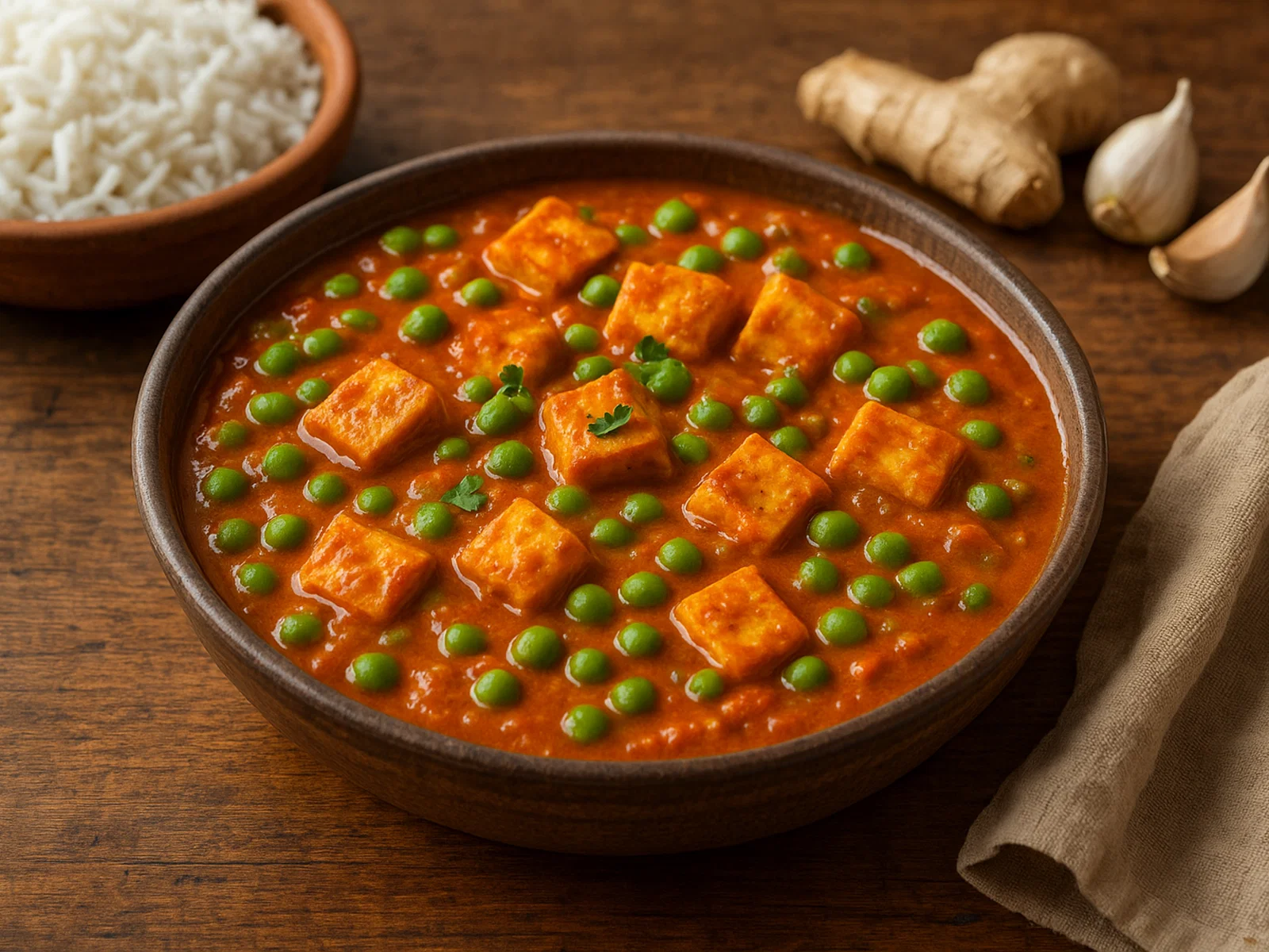 Matar Paneer – Indischer Frischkäse mit Erbsen in Tomatensoße