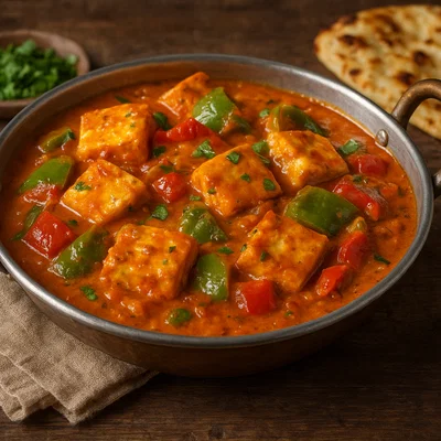 Kadai Paneer – Indischer Frischkäse mit Paprika in würziger Tomaten-Sahne-Soße