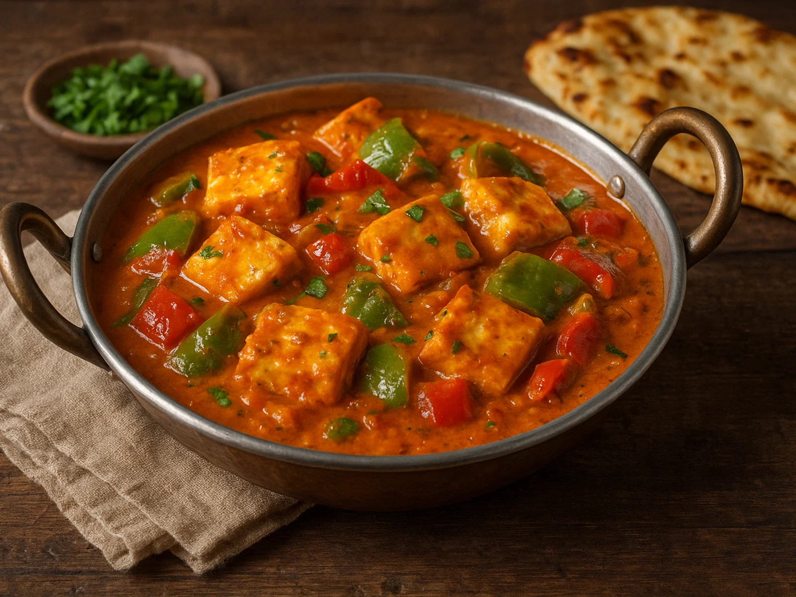 Kadai Paneer – Indischer Frischkäse mit Paprika in würziger Tomaten-Sahne-Soße