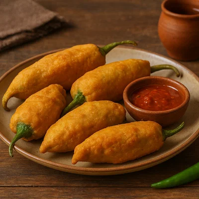 Mirchi Bada – gefüllte, frittierte Chili-Schoten