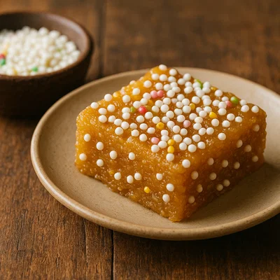 Bal Mithai – karamellisierte Khoya-Süßigkeit mit Zuckerperlen
