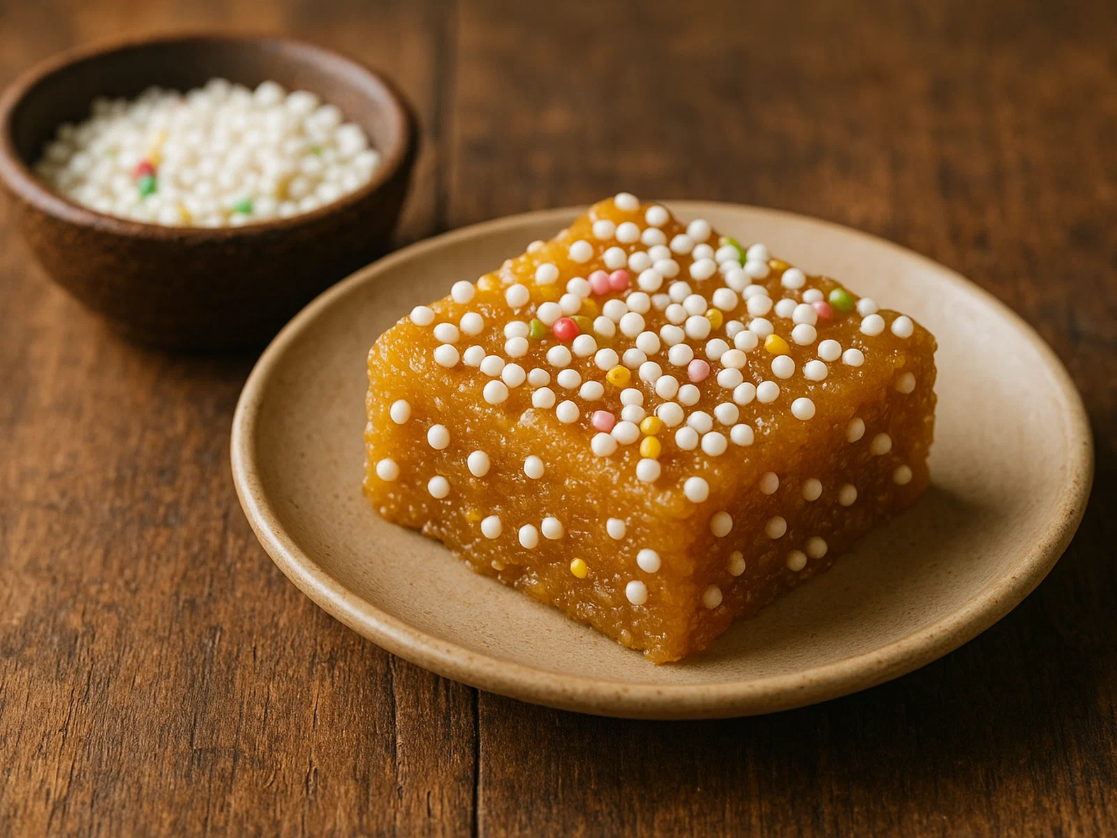 Bal Mithai – karamellisierte Khoya-Süßigkeit mit Zuckerperlen