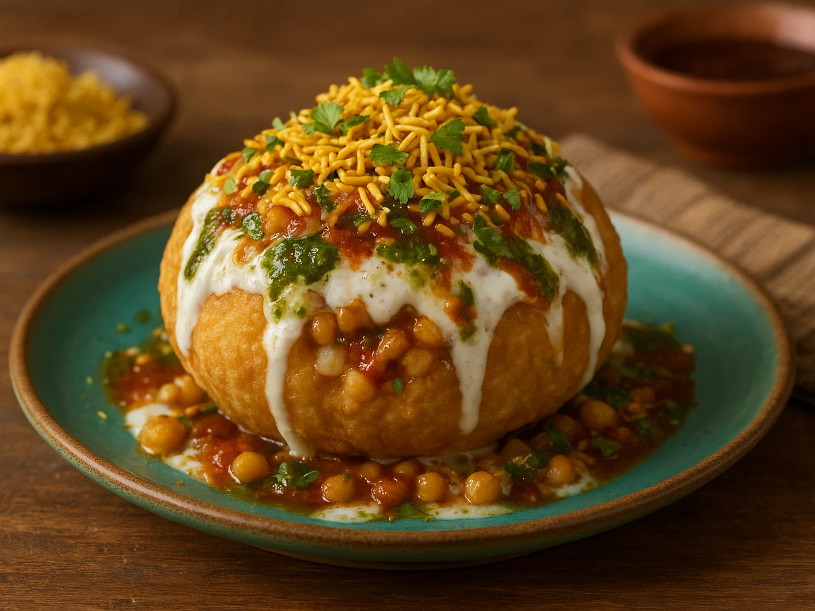 Raj Kachori – große gefüllte Knusperteigtaschen mit Joghurt