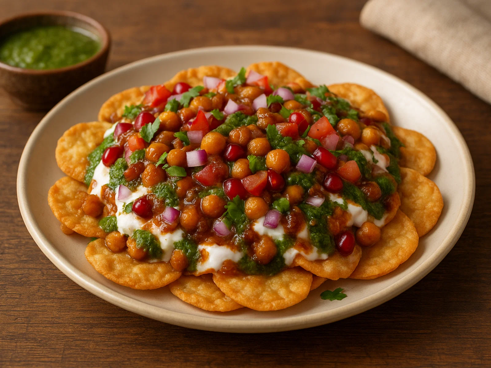 Papri Chaat – Knusperplättchen mit Joghurt, Chutney und Kichererbsen
