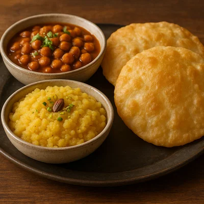 Halwa Puri mit Kichererbsen (Chole)