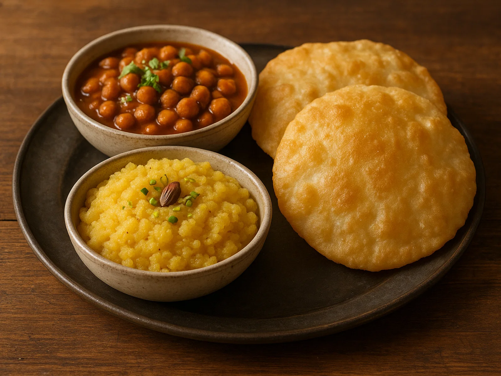 Halwa Puri mit Kichererbsen (Chole)