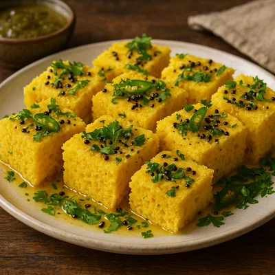 Khaman – Weicher, gelber Kichererbsenmehl-Snack