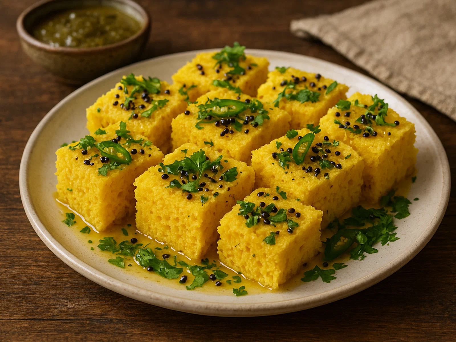 Khaman – Weicher, gelber Kichererbsenmehl-Snack