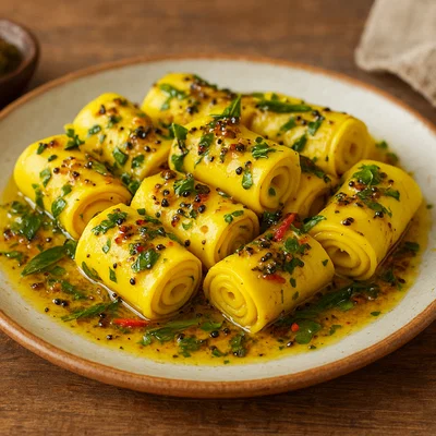 Khandvi – Gerollte Kichererbsenmehl-Röllchen mit Senf-Tarka