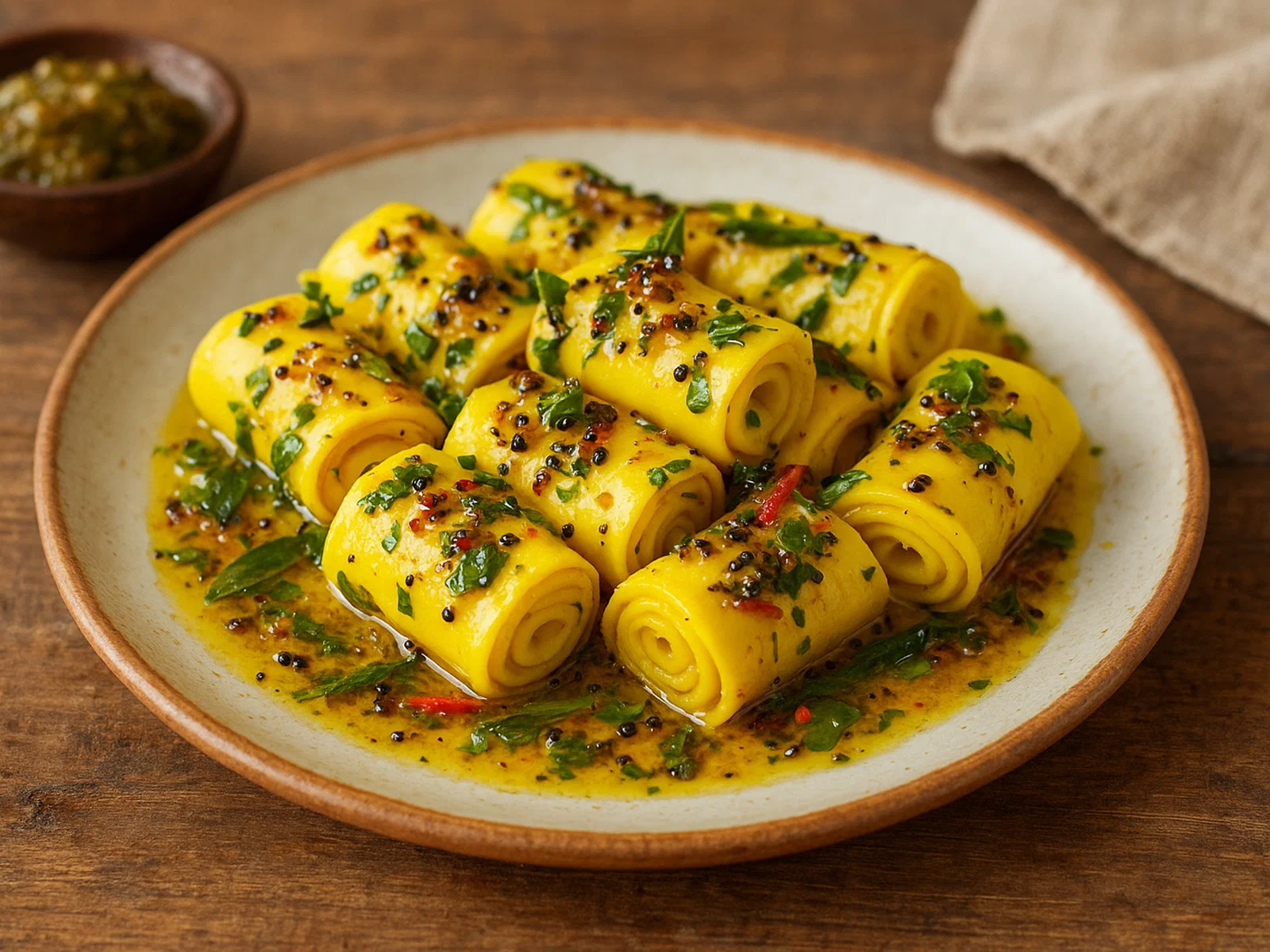 Khandvi – Gerollte Kichererbsenmehl-Röllchen mit Senf-Tarka