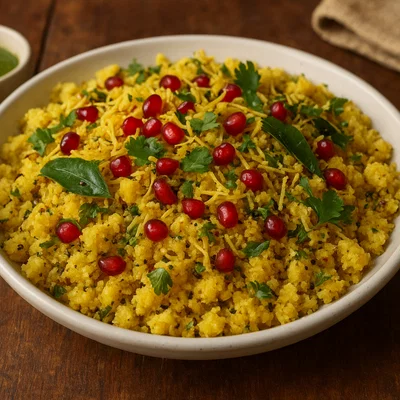 Sev Khamani (zerbröselter Khaman mit Sev und Granatapfel)