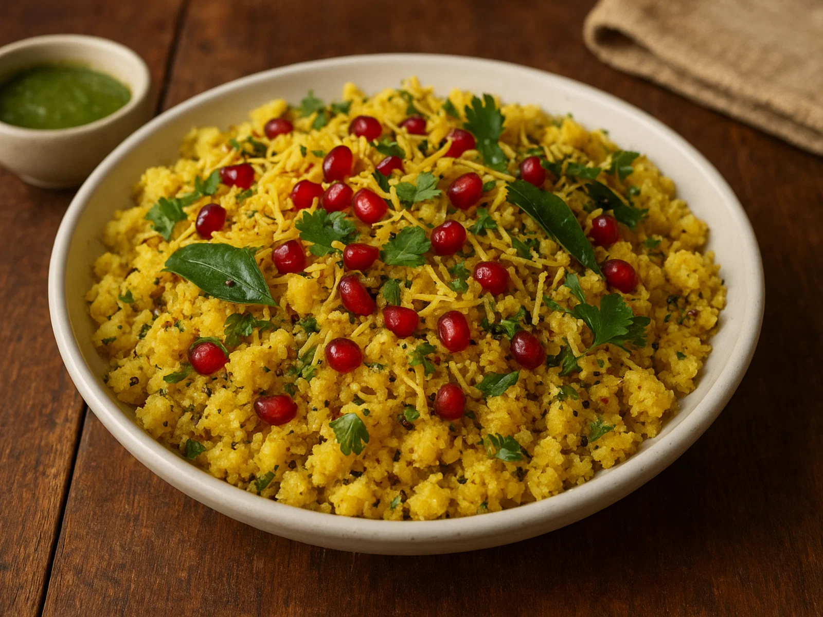 Sev Khamani (zerbröselter Khaman mit Sev und Granatapfel)