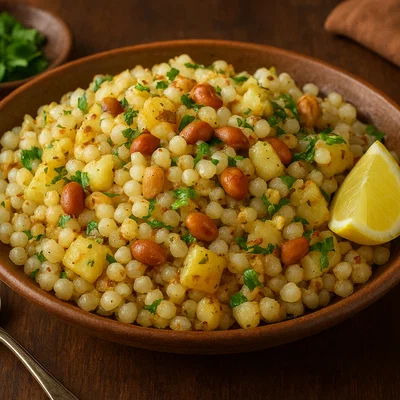 Sabudana Khichdi (indische Sago-Pfanne mit Erdnüssen und Kartoffeln)