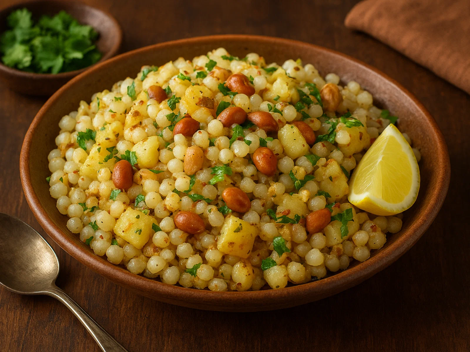 Sabudana Khichdi (indische Sago-Pfanne mit Erdnüssen und Kartoffeln)