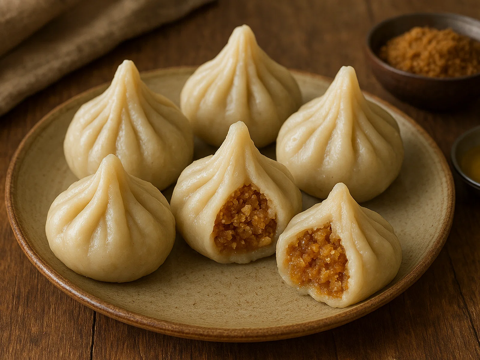 Gedämpfte Modak mit Kokos-Jaggery-Füllung
