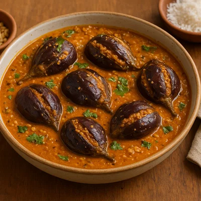 Bharli Vangi – Gefüllte Auberginen in Erdnuss-Kokos-Sauce