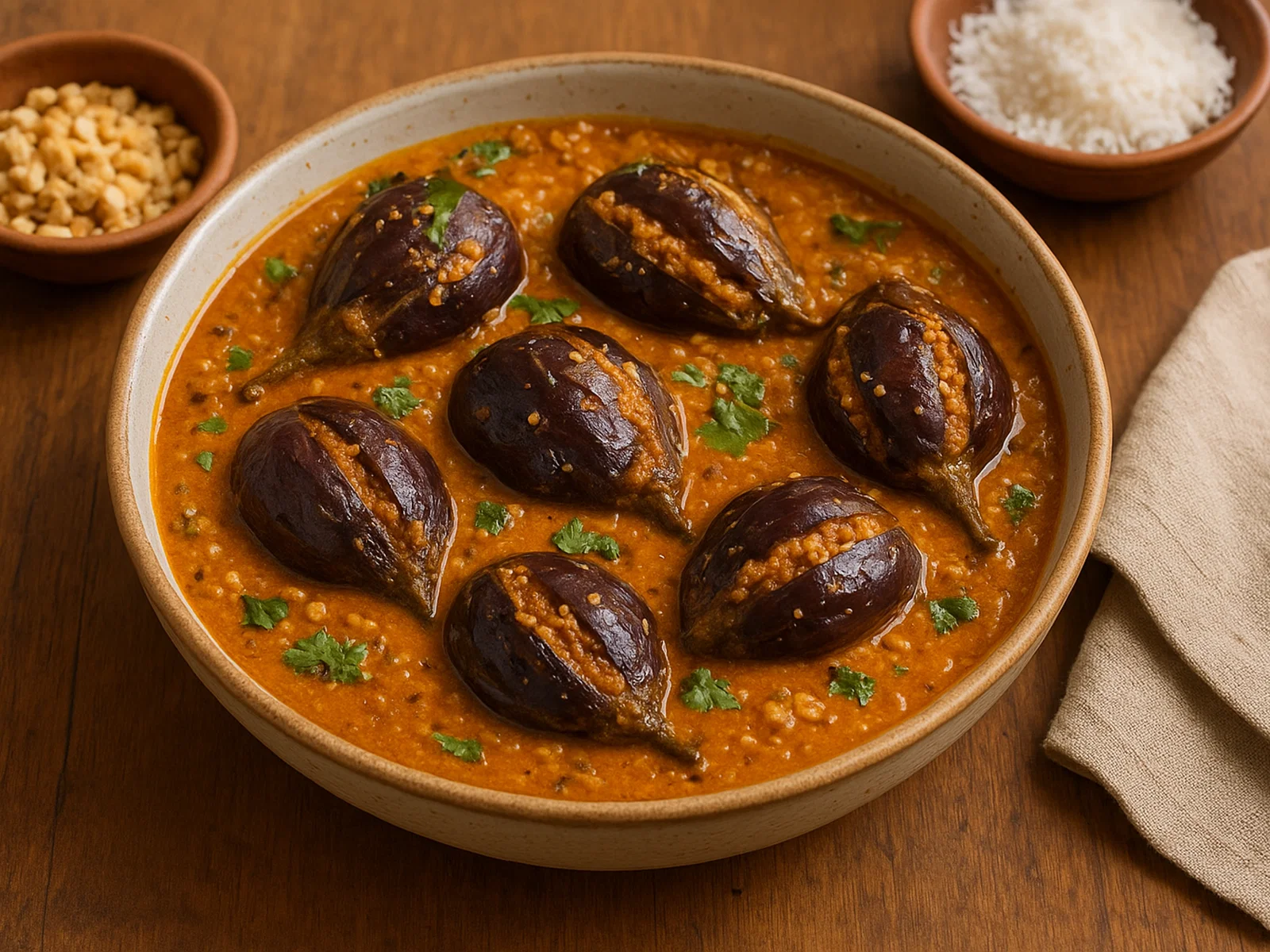 Bharli Vangi – Gefüllte Auberginen in Erdnuss-Kokos-Sauce