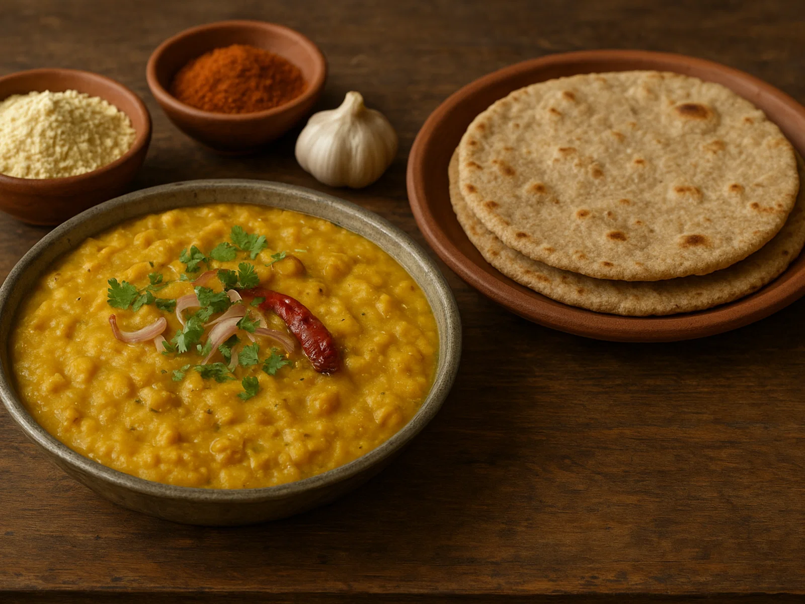 Pithla mit Bhakri (Maharashtrischer Kichererbsenmehl-Brei mit Fladenbrot)
