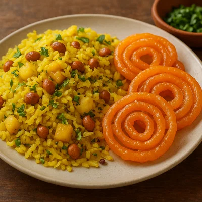 Poha mit knuspriger Jalebi (Indore‑Straßenfrühstück)