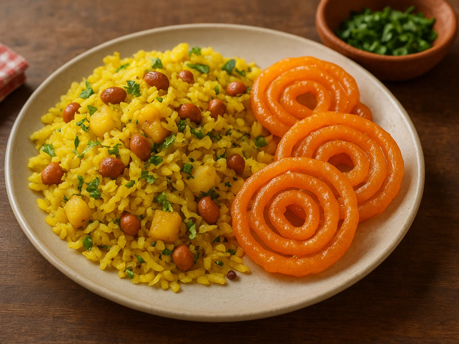 Poha mit knuspriger Jalebi (Indore‑Straßenfrühstück)