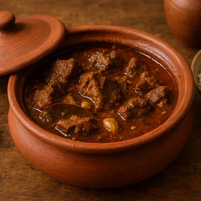 Champaran Mutton im versiegelten Tontopf