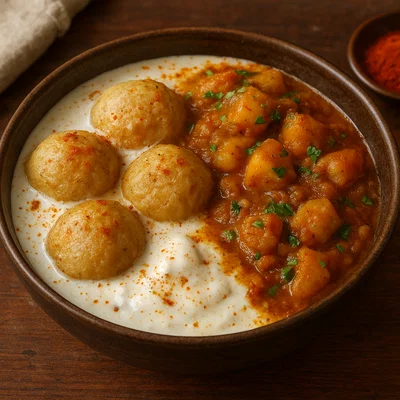 Dahibara Aloo Dum – Linsenkrapfen in Joghurt mit Kartoffelcurry