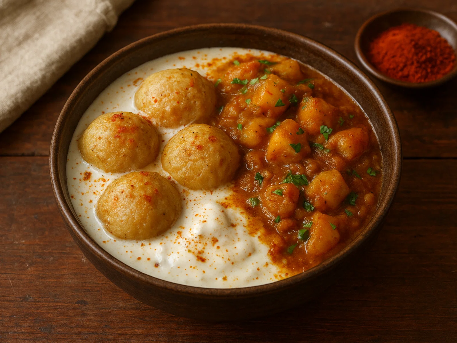 Dahibara Aloo Dum – Linsenkrapfen in Joghurt mit Kartoffelcurry