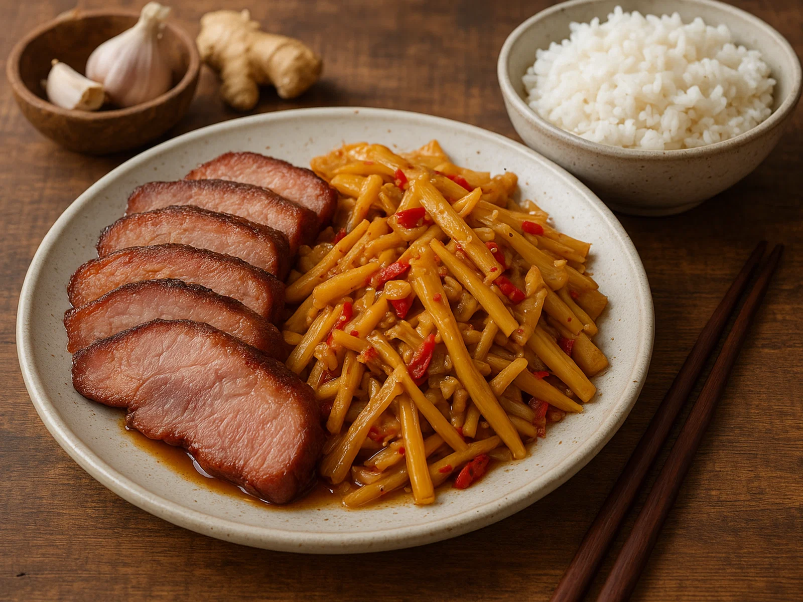 Geräuchertes Schweinefleisch mit fermentierten Bambussprossen
