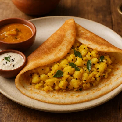 Masala Dosa (gefüllte Linsen-Reis-Crêpes mit würzigen Kartoffeln)