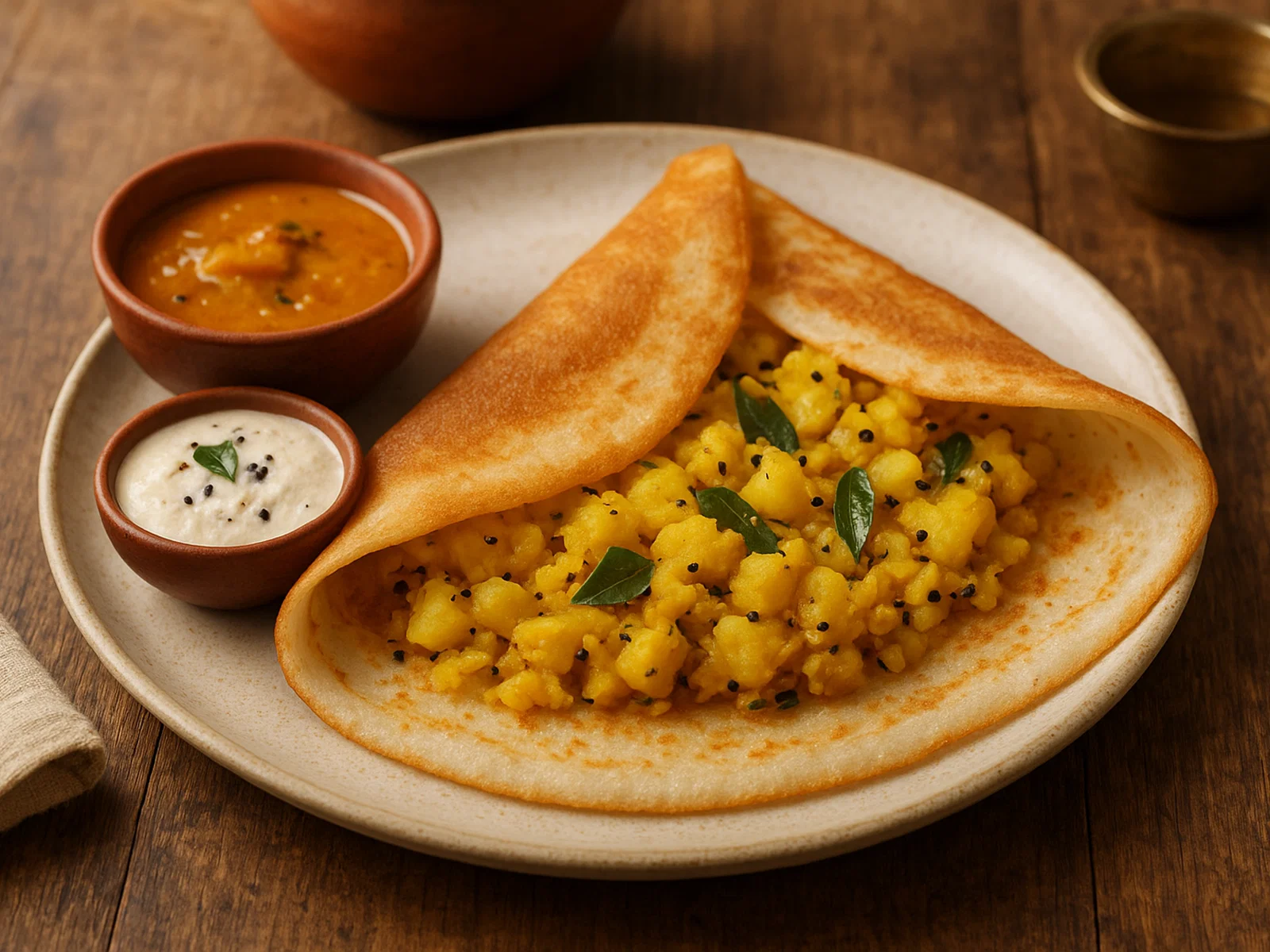 Masala Dosa (gefüllte Linsen-Reis-Crêpes mit würzigen Kartoffeln)