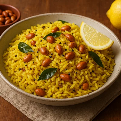 Indischer Lemon Rice mit Kurkuma und Erdnüssen
