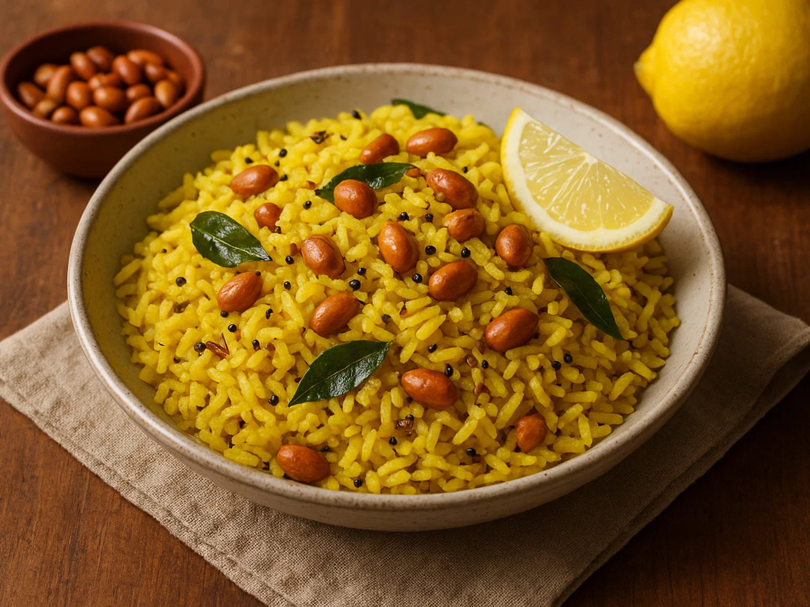 Indischer Lemon Rice mit Kurkuma und Erdnüssen
