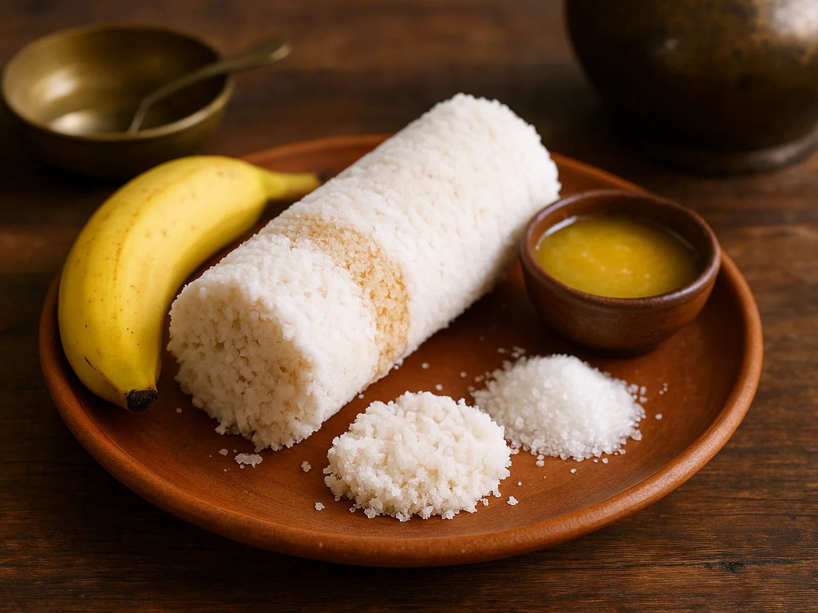 Puttu – gedämpfte Zylinder aus Reismehl und Kokos