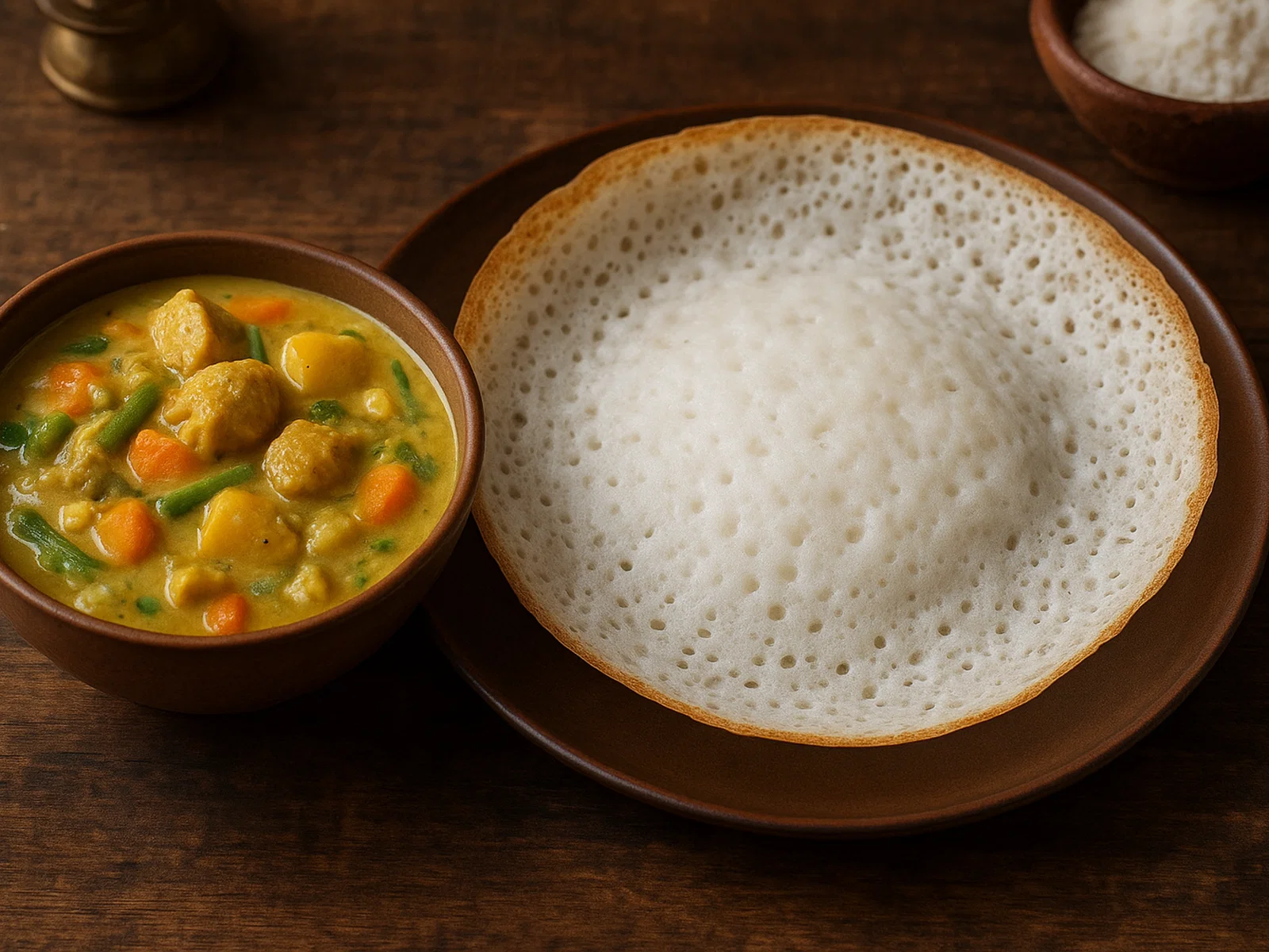 Appam mit mildem Kokos-Gemüse- oder Fleischeintopf