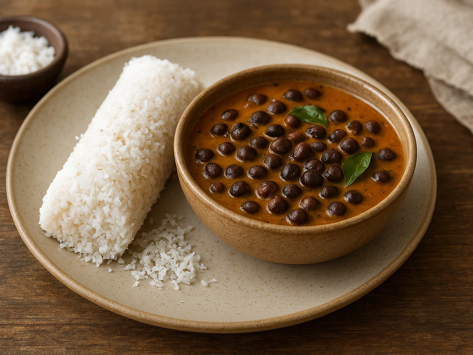Puttu mit schwarzem Kichererbsencurry (Puttu Kadala)