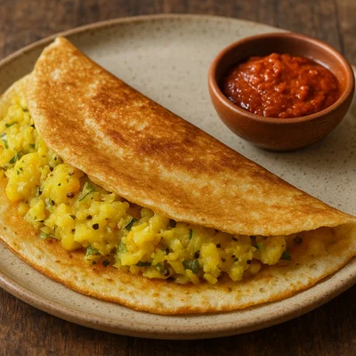 Mysore Masala Dosa mit roter Chutney und Kartoffelfüllung