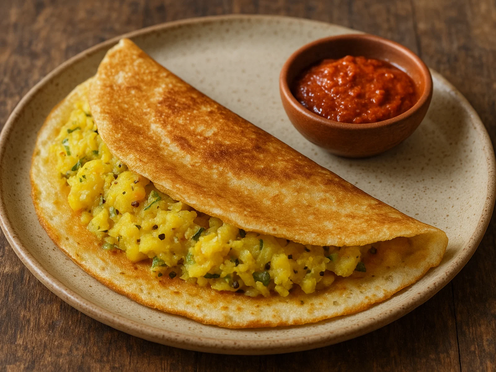 Mysore Masala Dosa mit roter Chutney und Kartoffelfüllung