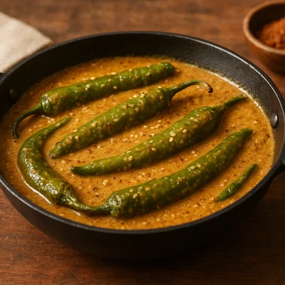 Mirchi ka Salan – Chilischoten in Erdnuss-Sesam-Soße
